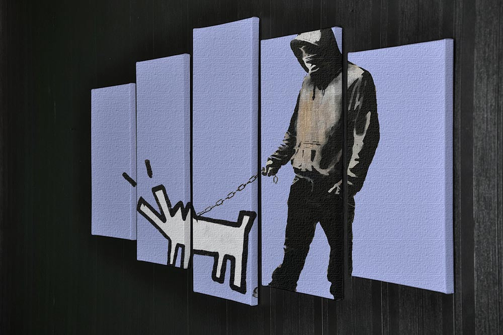 Banksy Keith Haring Dog Blue 5 Split Panel Canvas artwork featuring vibrant blue tones and dynamic split panel design.