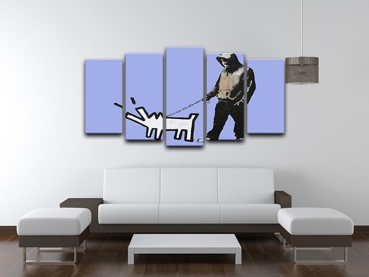 Banksy Keith Haring Dog Blue 5 Split Panel Canvas artwork featuring vibrant blue tones and dynamic split panel design.