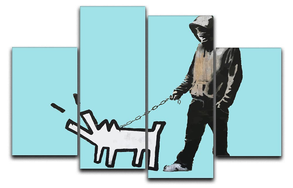 Banksy Keith Haring Dog Light Blue 4 Split Panel Canvas artwork featuring vibrant colors and dynamic design.