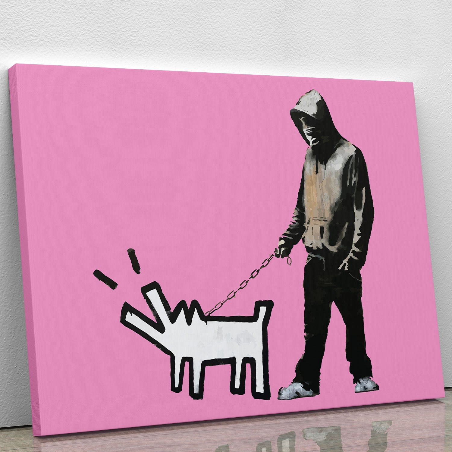 Banksy Keith Haring Dog Pink Canvas Print featuring vibrant pink colors and unique artistic design, perfect for modern decor.