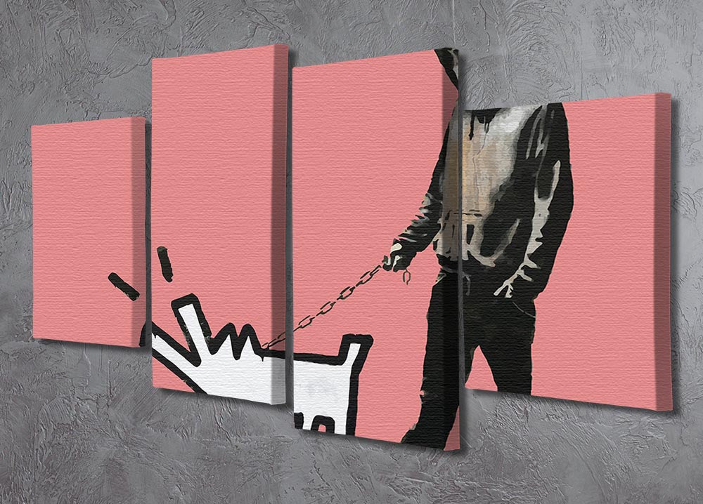 Banksy Keith Haring Dog Red 4 Split Panel Canvas artwork featuring vibrant colors and dynamic design, perfect for modern decor.