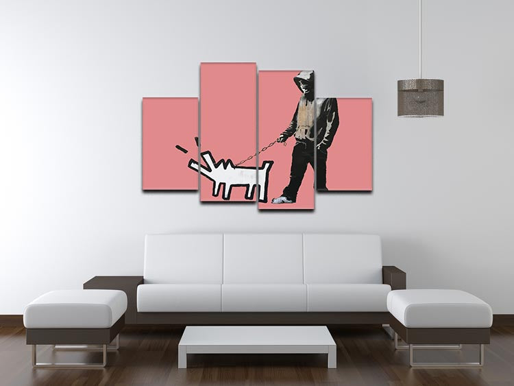 Banksy Keith Haring Dog Red 4 Split Panel Canvas artwork featuring vibrant colors and dynamic design, perfect for modern decor.