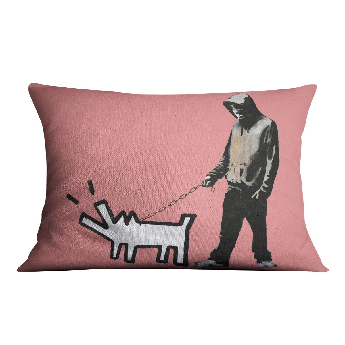 Banksy Keith Haring Dog Red Cushion featuring vibrant colors and artistic design on luxurious vegan faux suede.