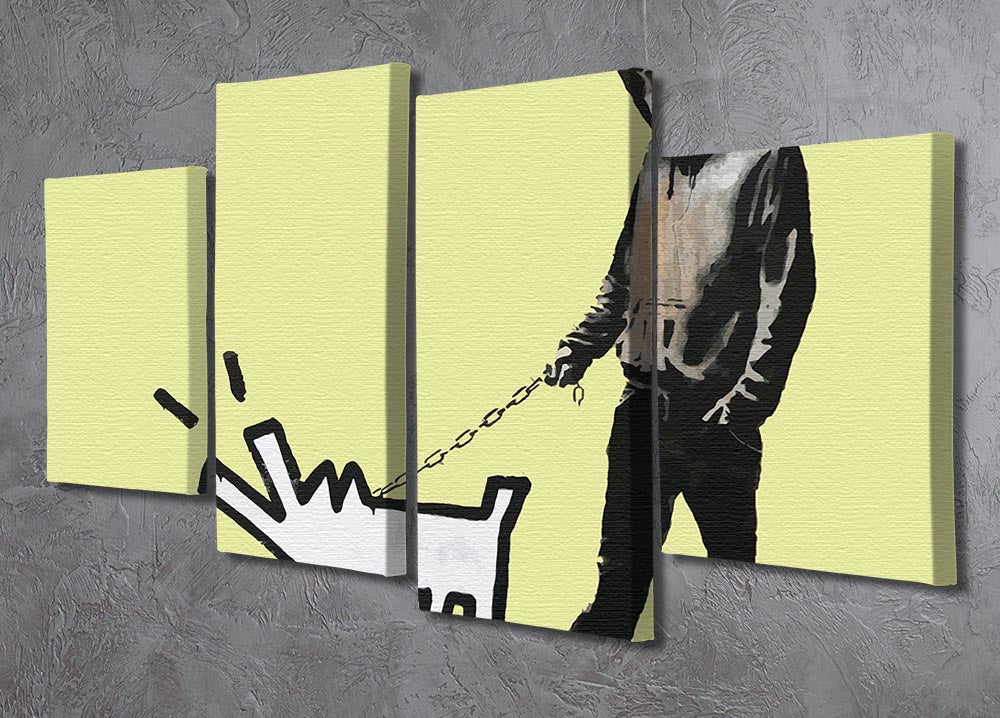 Banksy Keith Haring Dog Yellow 4 Split Panel Canvas artwork featuring vibrant yellow colors and dynamic split design.