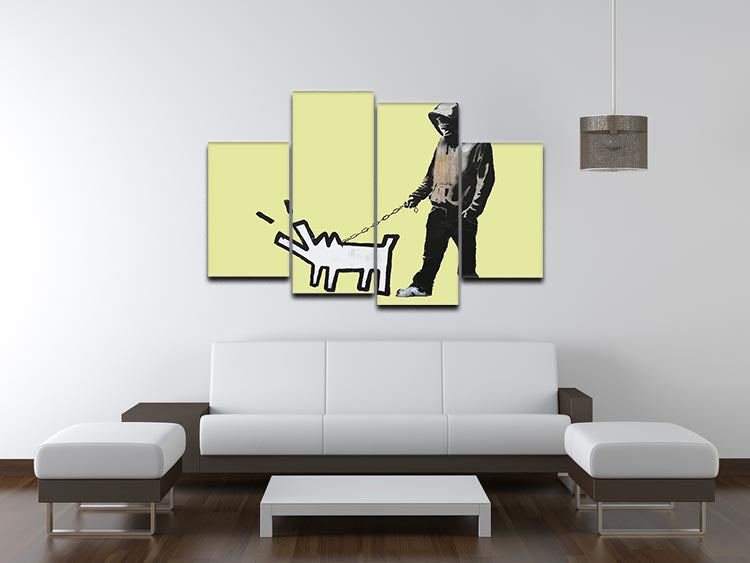 Banksy Keith Haring Dog Yellow 4 Split Panel Canvas artwork featuring vibrant yellow colors and dynamic split design.