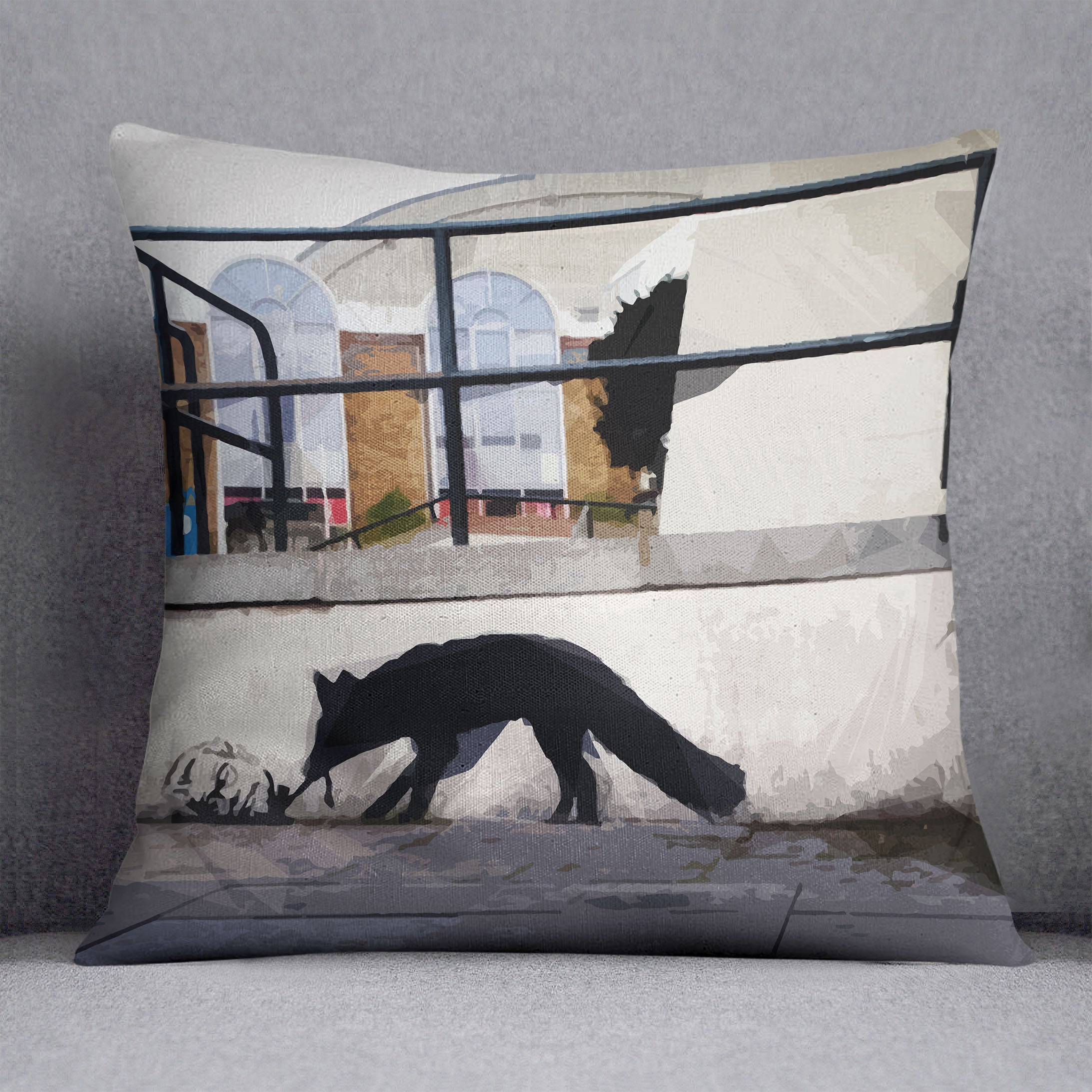 Banksy Kentucky Fox Cushion featuring vibrant abstract design on luxurious vegan faux suede.