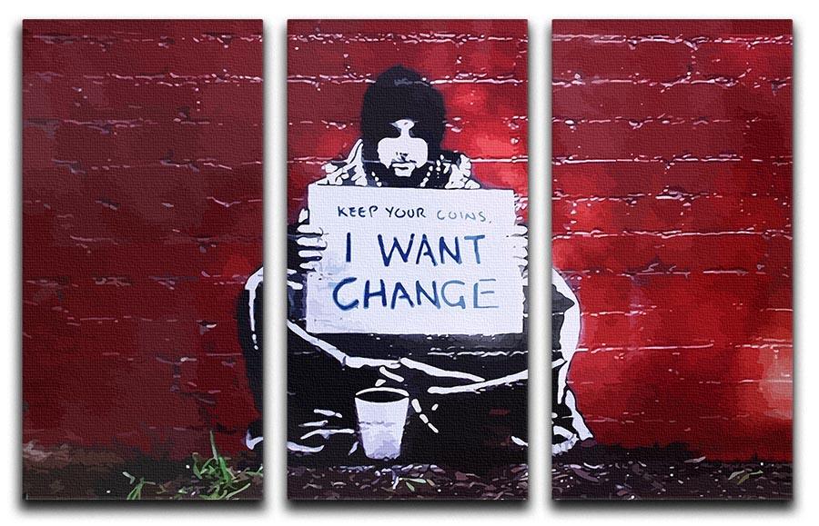 Banksy Keep Your Coins 3 Split Panel Canvas Print featuring vibrant colors and modern design, ideal for home or office decor.