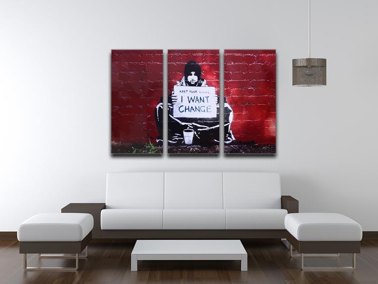 Banksy Keep Your Coins 3 Split Panel Canvas Print featuring vibrant colors and modern design, ideal for home or office decor.