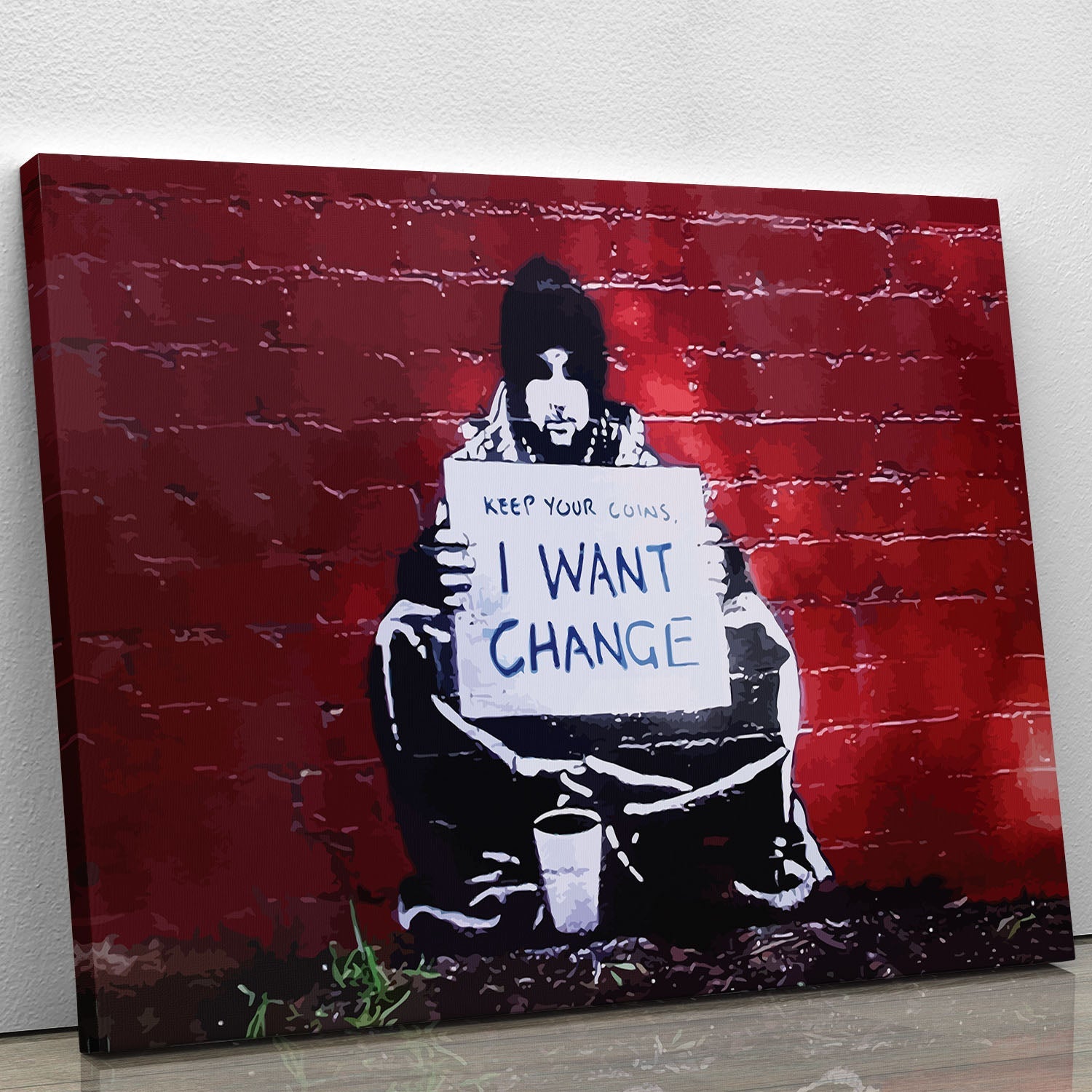 Banksy Keep Your Coins canvas print featuring thought-provoking street art design, perfect for modern decor.