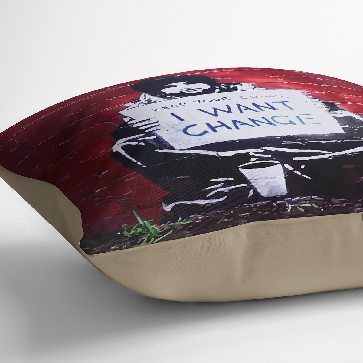 Banksy Keep Your Coins Cushion featuring vibrant abstract design on luxurious vegan faux suede, perfect for home decor.