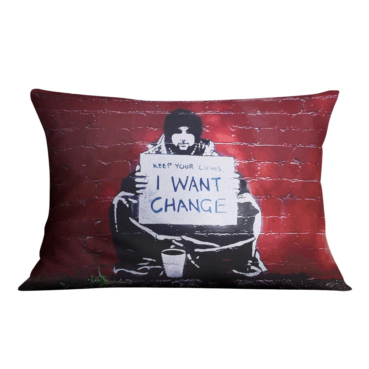 Banksy Keep Your Coins Cushion featuring vibrant abstract design on luxurious vegan faux suede, perfect for home decor.
