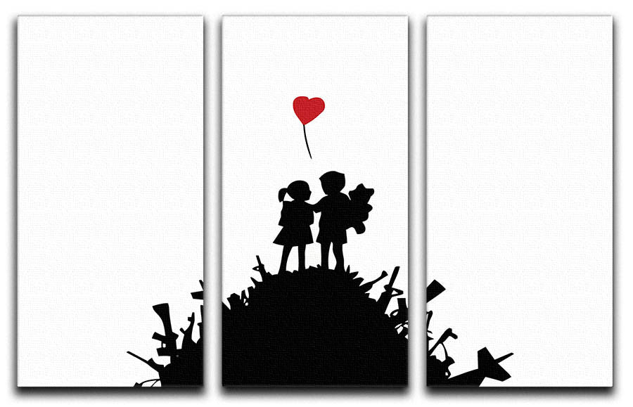 Banksy Kids on Gun Hill 3 Split Canvas Print featuring three panels of vibrant street art, perfect for modern decor.