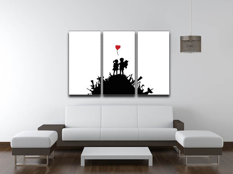 Banksy Kids on Gun Hill 3 Split Canvas Print featuring three panels of vibrant street art, perfect for modern decor.