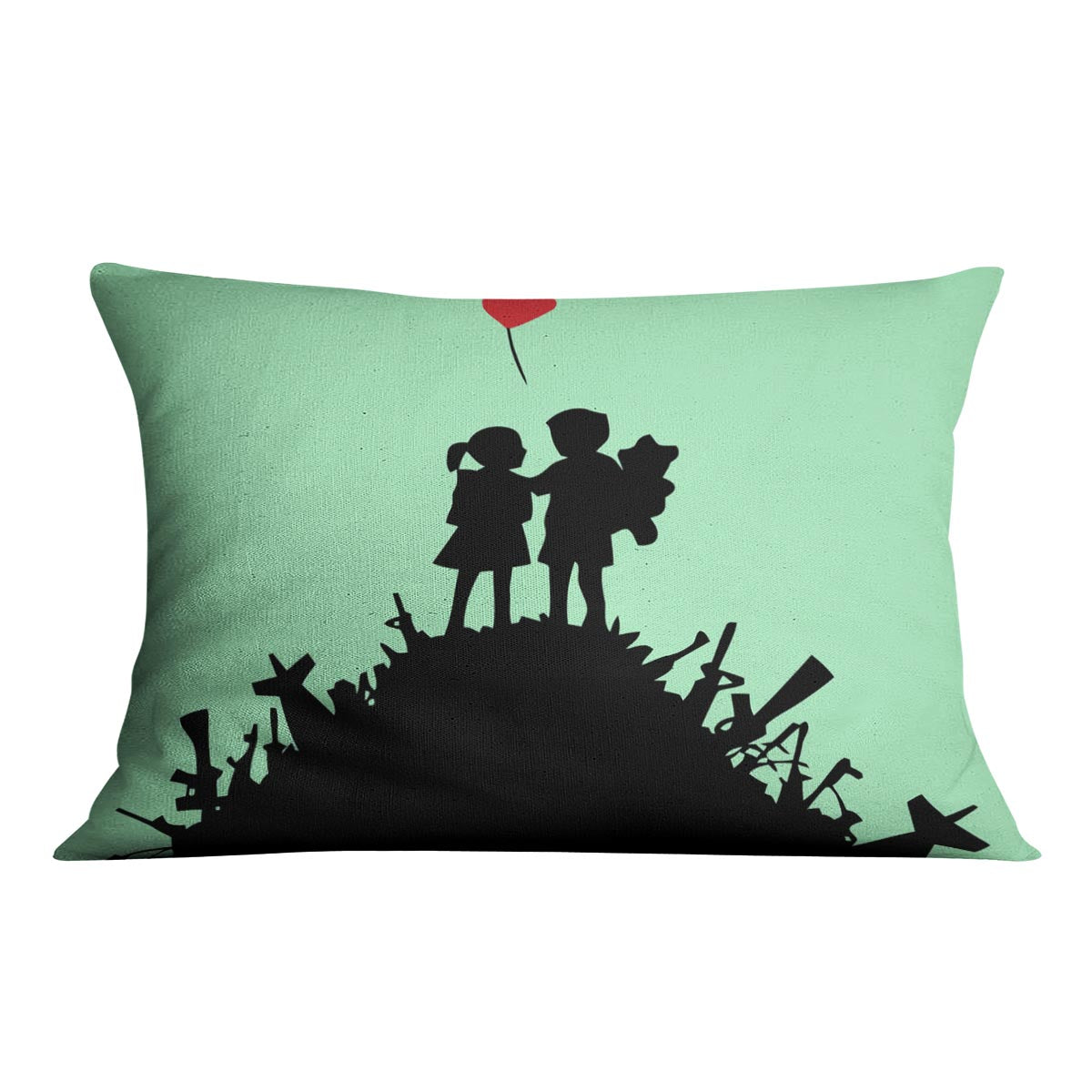 Banksy Kids On Gun Hill Green Cushion featuring vibrant abstract design on luxurious vegan faux suede.