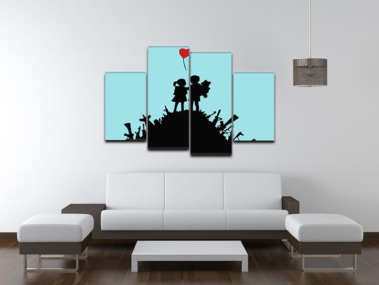 Banksy Kids On Gun Hill Light Blue 4 Split Panel Canvas art piece, featuring a dynamic split design in light blue tones.