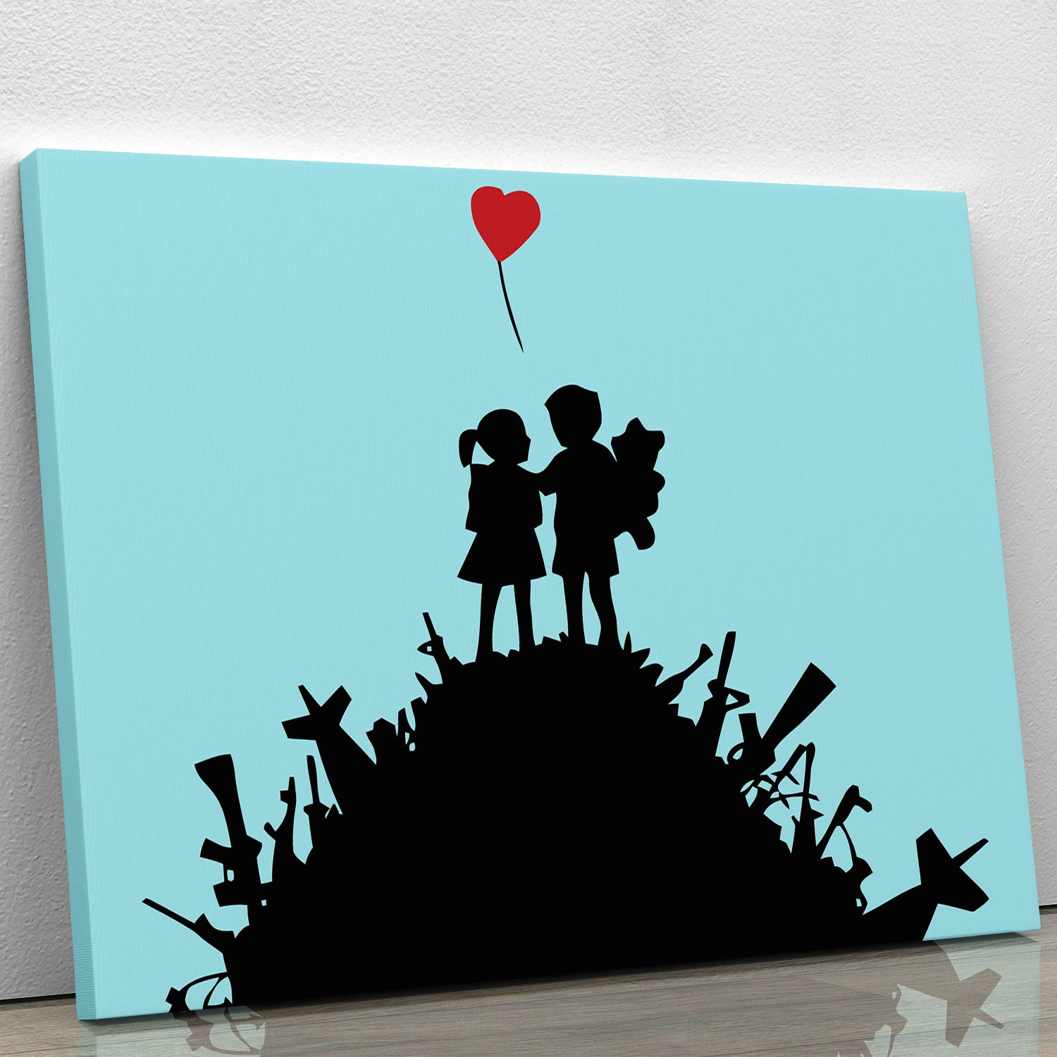 Banksy Kids On Gun Hill Light Blue Canvas Print featuring iconic street art style with a light blue background.