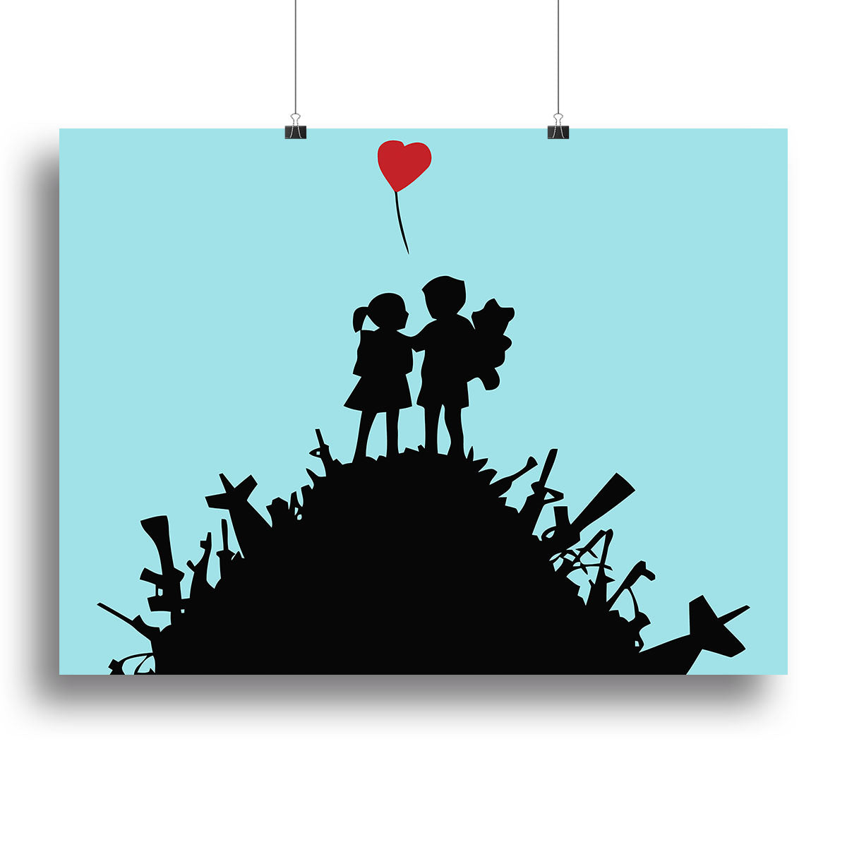 Banksy Kids On Gun Hill Light Blue Canvas Print featuring iconic street art style with a light blue background.