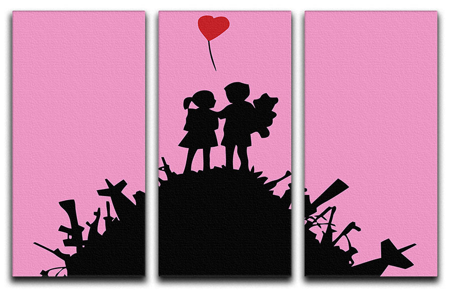Banksy Kids On Gun Hill Pink 3 Split Panel Canvas Print showcasing vibrant colors and modern art design, perfect for home decor.