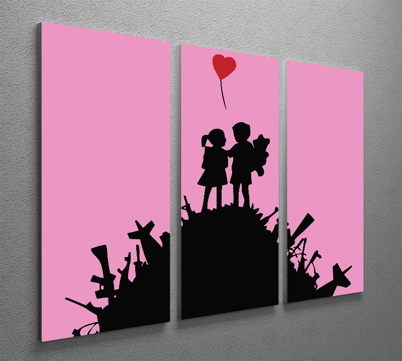 Banksy Kids On Gun Hill Pink 3 Split Panel Canvas Print showcasing vibrant colors and modern art design, perfect for home decor.