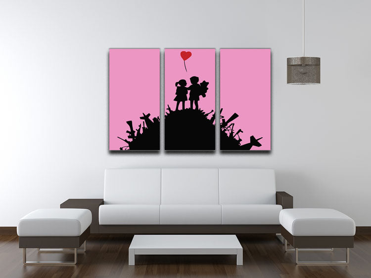 Banksy Kids On Gun Hill Pink 3 Split Panel Canvas Print showcasing vibrant colors and modern art design, perfect for home decor.