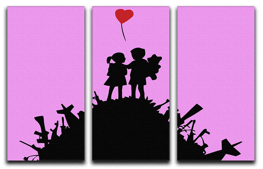 Banksy Kids On Gun Hill Purple 3 Split Panel Canvas Print featuring vibrant colors and modern art design, perfect for home decor.