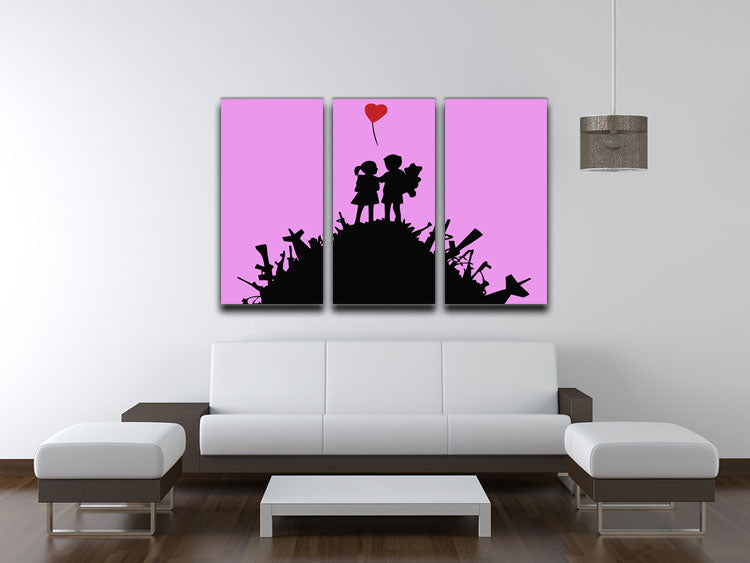 Banksy Kids On Gun Hill Purple 3 Split Panel Canvas Print featuring vibrant colors and modern art design, perfect for home decor.