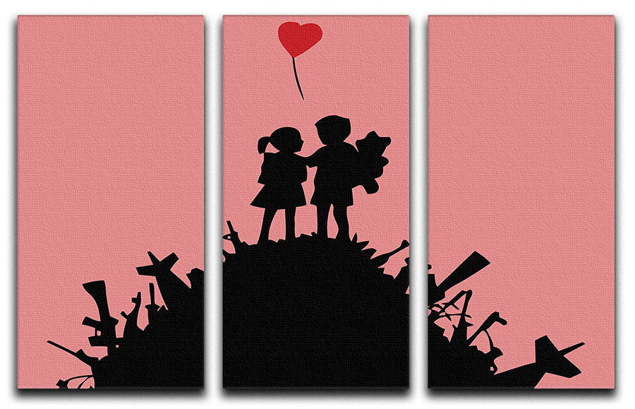 Banksy Kids On Gun Hill Red 3 Split Panel Canvas Print showcasing vibrant colors and modern art design.
