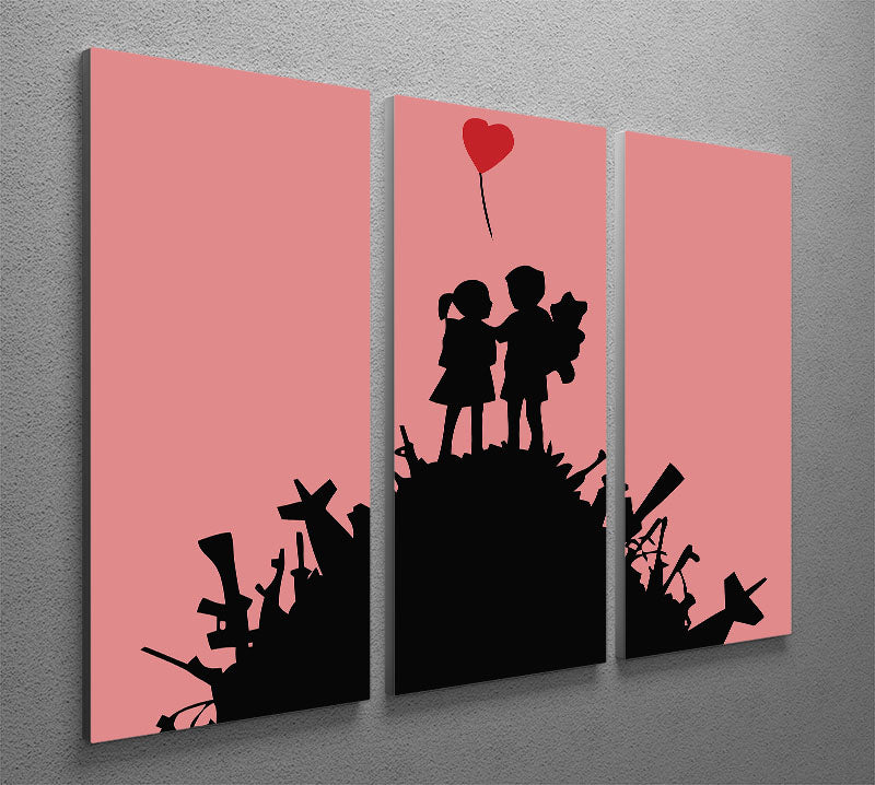 Banksy Kids On Gun Hill Red 3 Split Panel Canvas Print showcasing vibrant colors and modern art design.