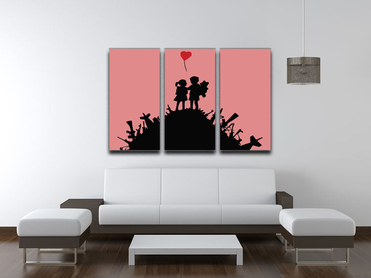 Banksy Kids On Gun Hill Red 3 Split Panel Canvas Print showcasing vibrant colors and modern art design.