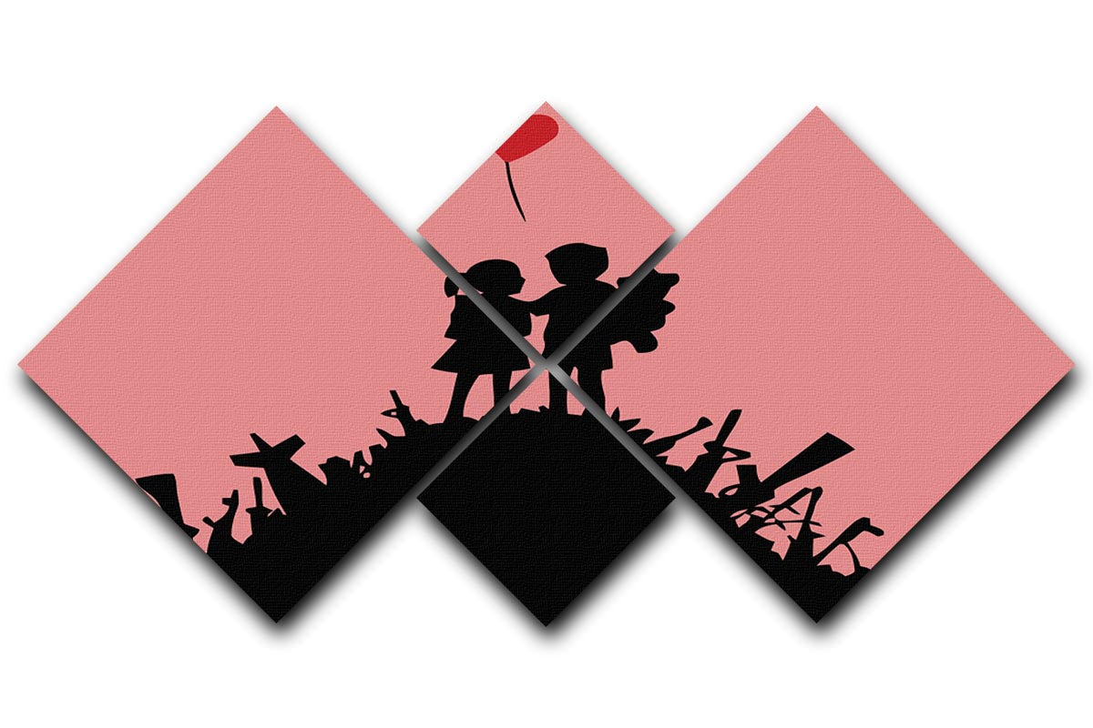 Banksy Kids On Gun Hill Red 4 Square Multi Panel Canvas artwork featuring vibrant red background and striking imagery.