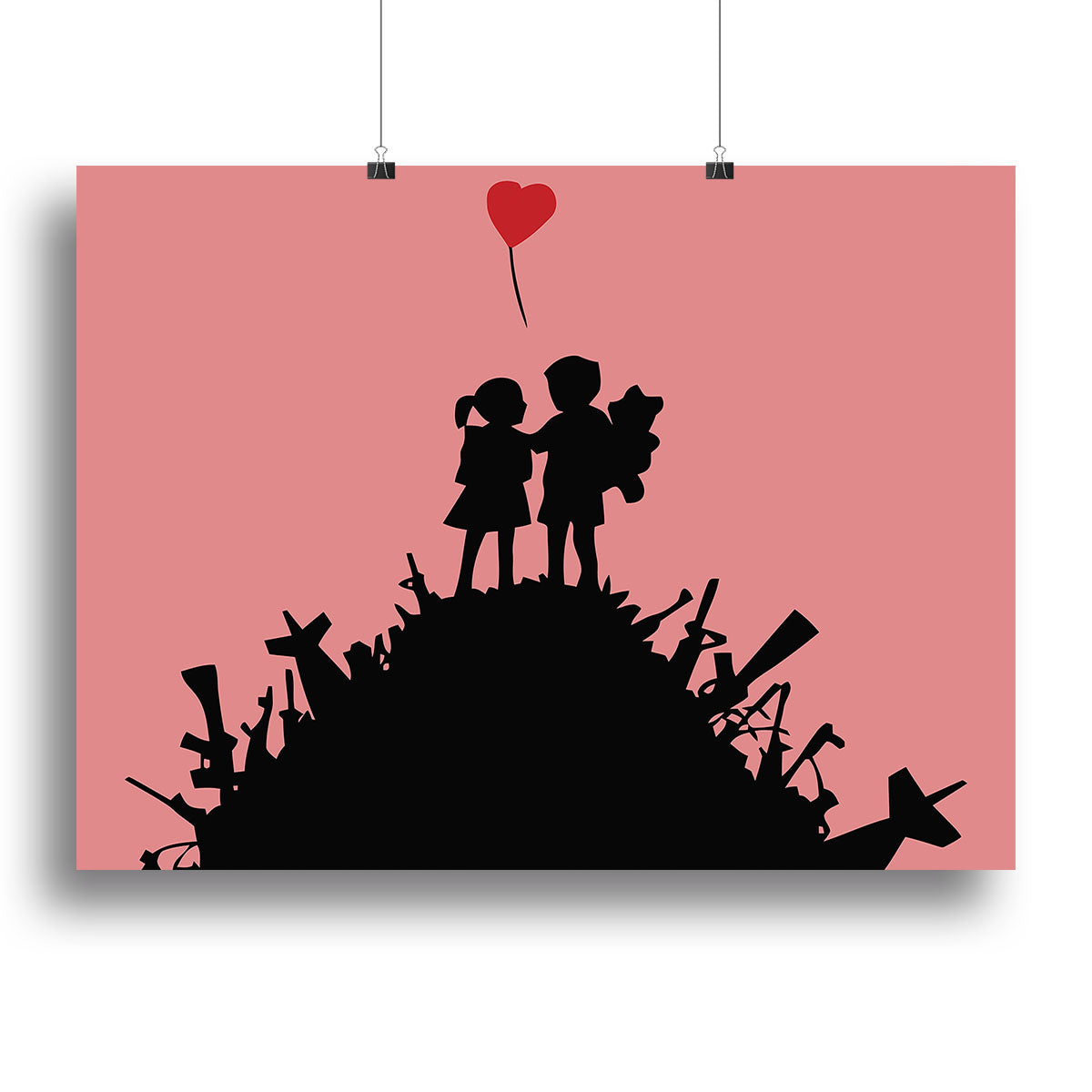 Banksy Kids On Gun Hill Red Canvas Print featuring vibrant red background and striking street art design.