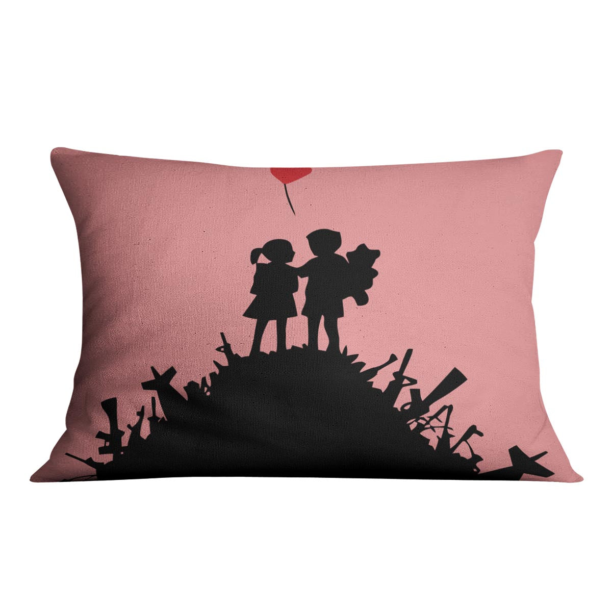 Banksy Kids On Gun Hill Red Cushion featuring vibrant abstract design on luxurious vegan faux suede.