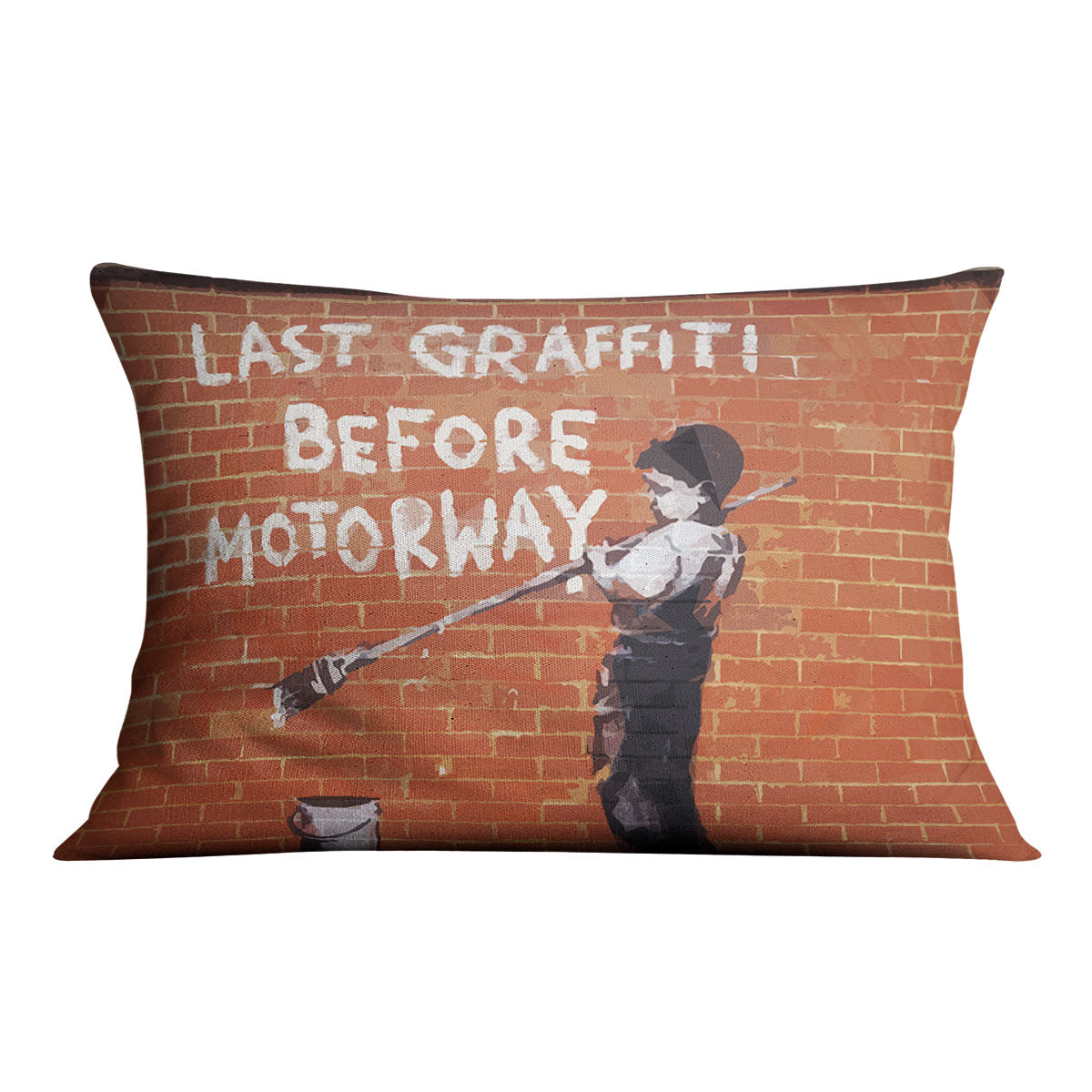 Banksy Last Graffiti Before Motorway Cushion featuring vibrant abstract design on luxurious vegan faux suede.