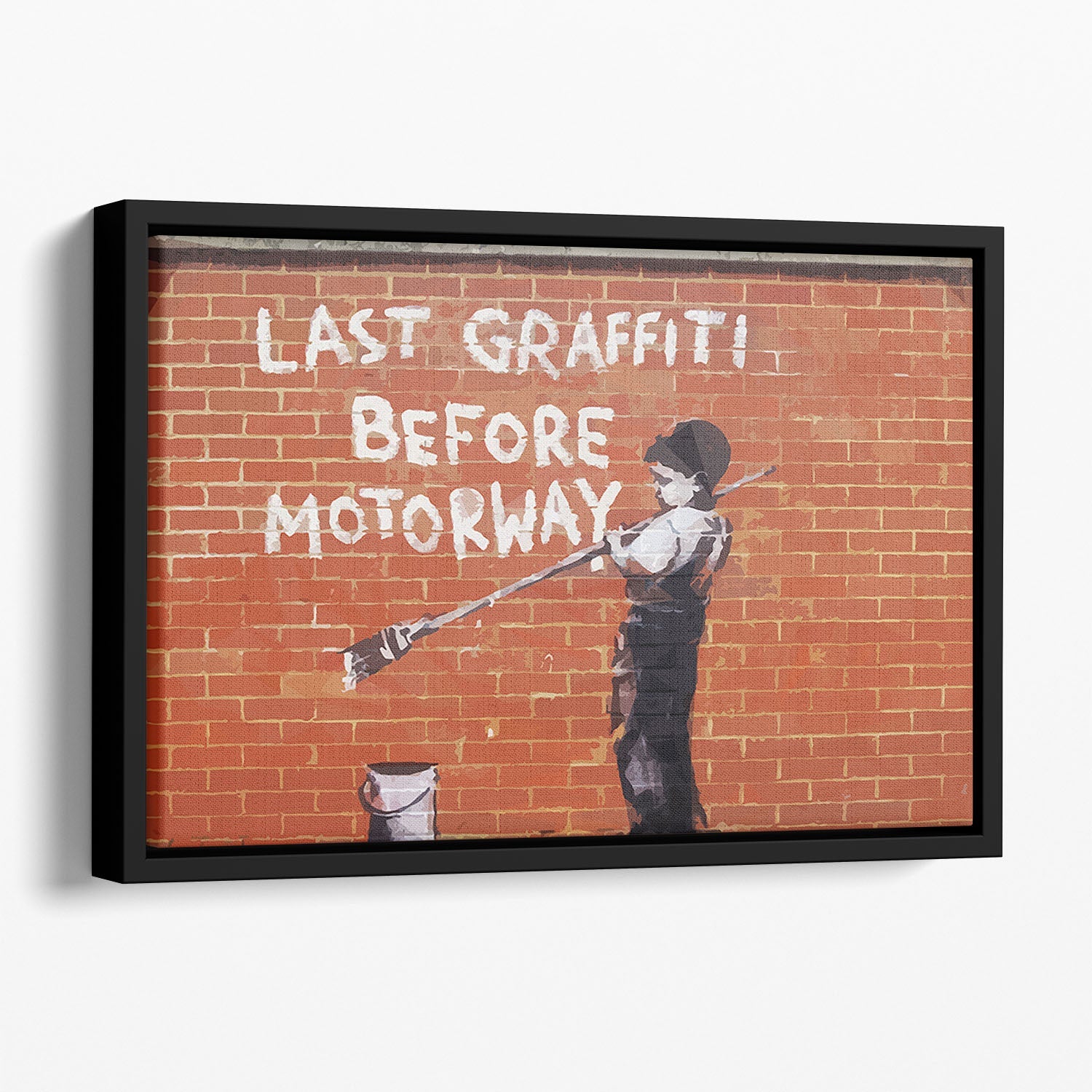 Banksy Last Graffiti Before Motorway Floating Framed Canvas showcasing vibrant colors and unique floating frame design.