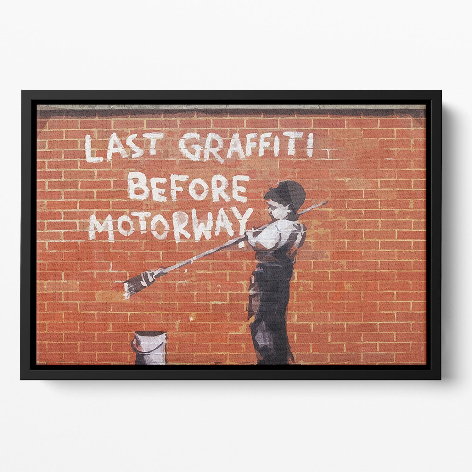 Banksy Last Graffiti Before Motorway Floating Framed Canvas showcasing vibrant colors and unique floating frame design.