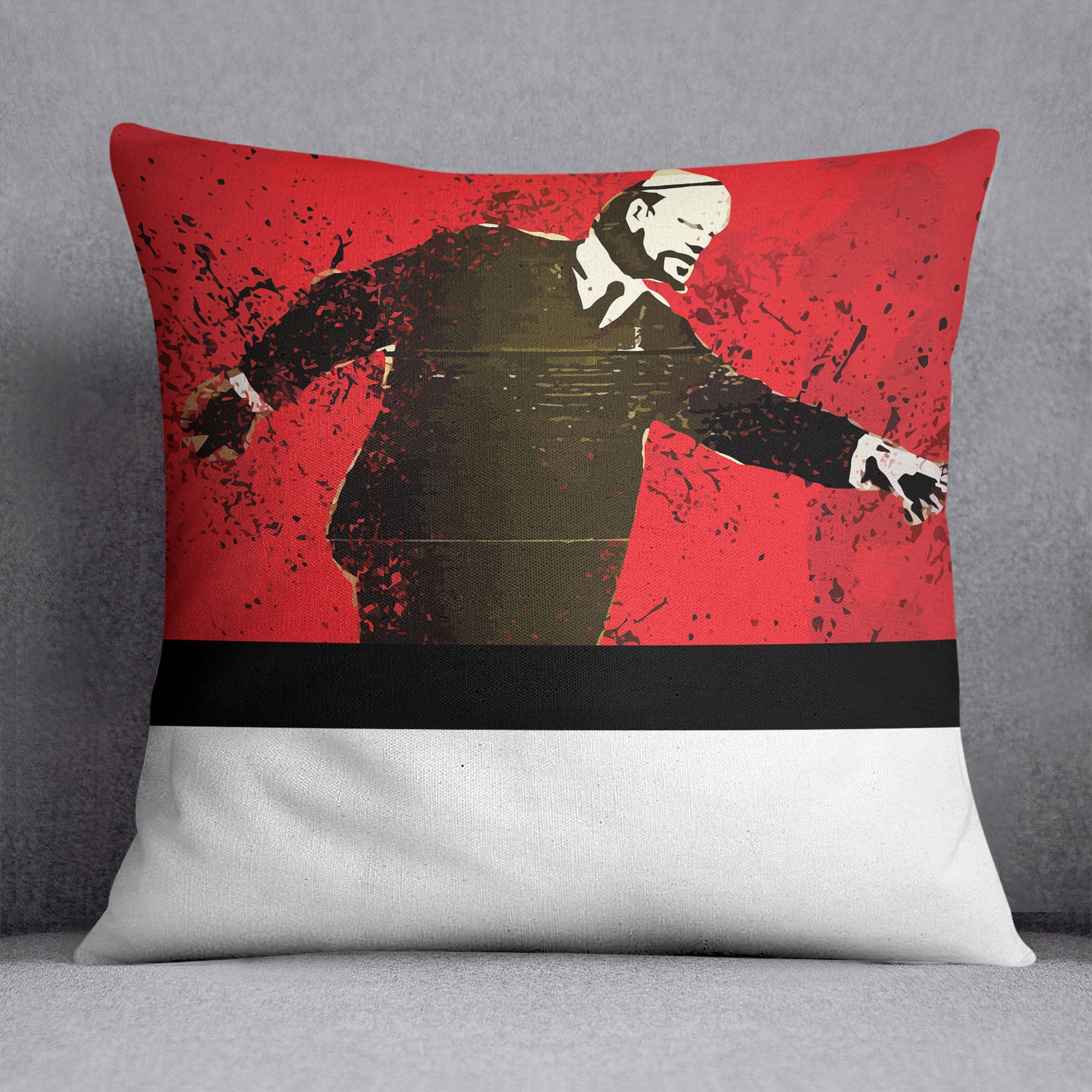Banksy Lenin on Roller Blades Cushion featuring vibrant colors and luxurious vegan faux suede fabric, perfect for home decor.