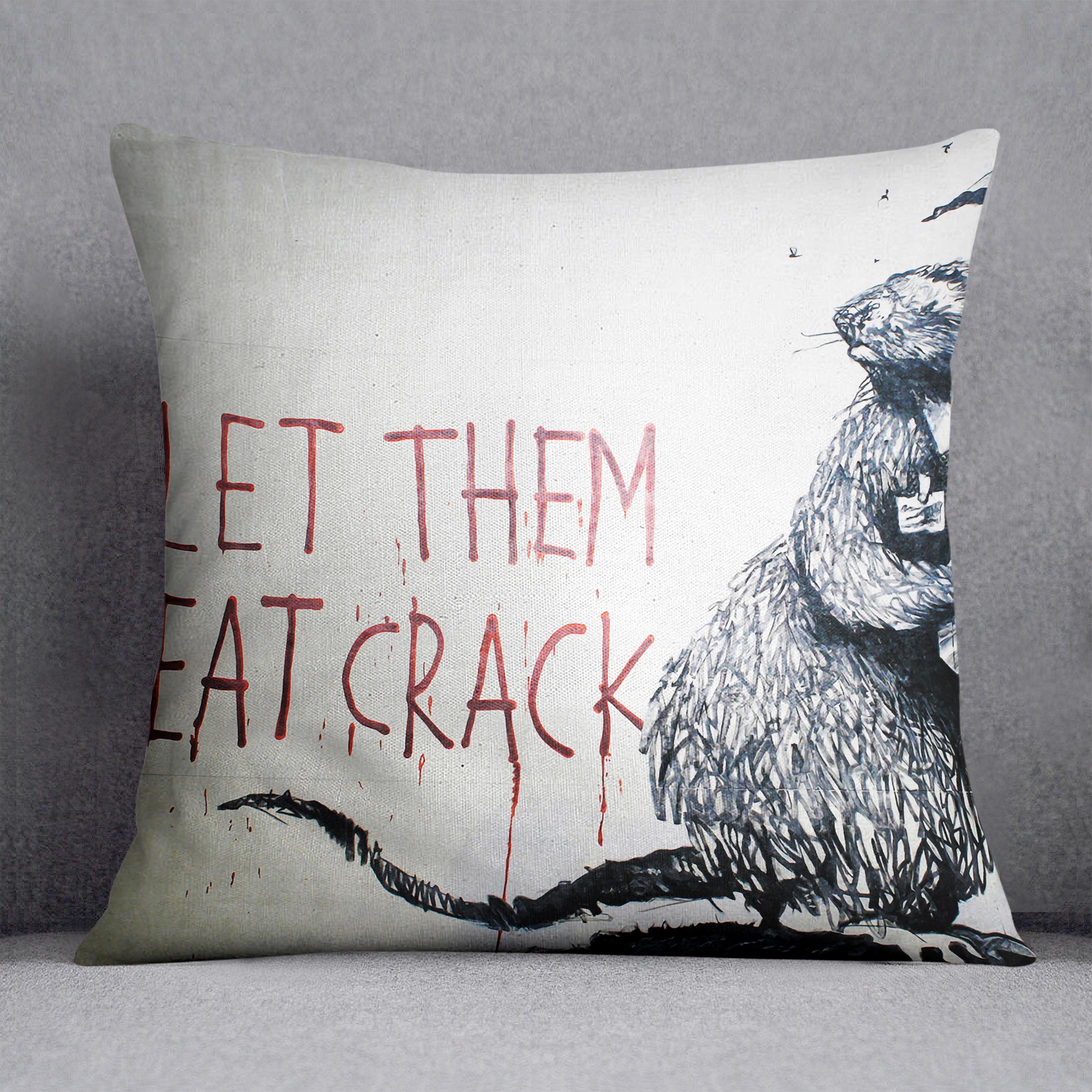 Banksy Let Them Eat Crack Cushion featuring vibrant abstract design on luxurious vegan faux suede.
