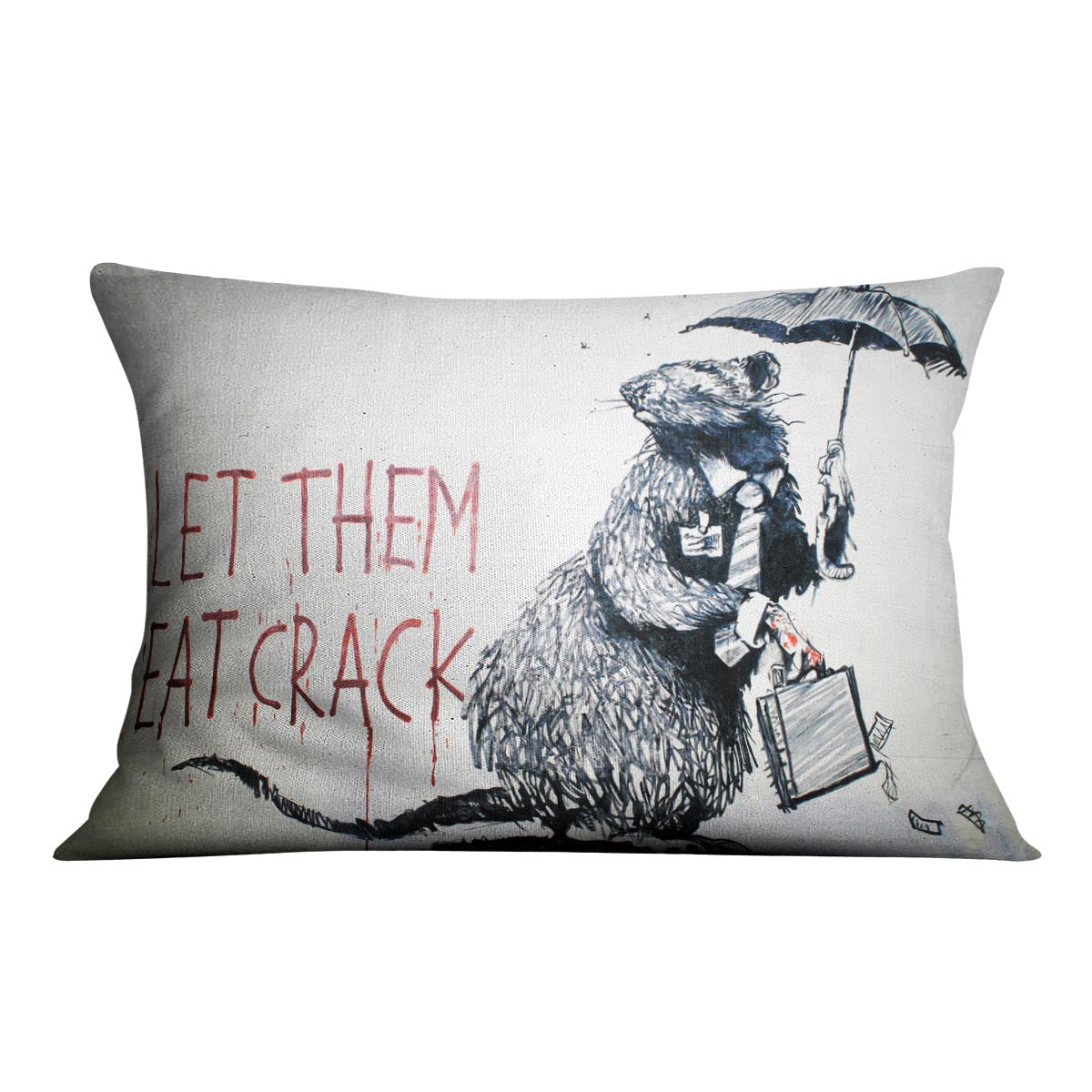 Banksy Let Them Eat Crack Cushion featuring vibrant abstract design on luxurious vegan faux suede.