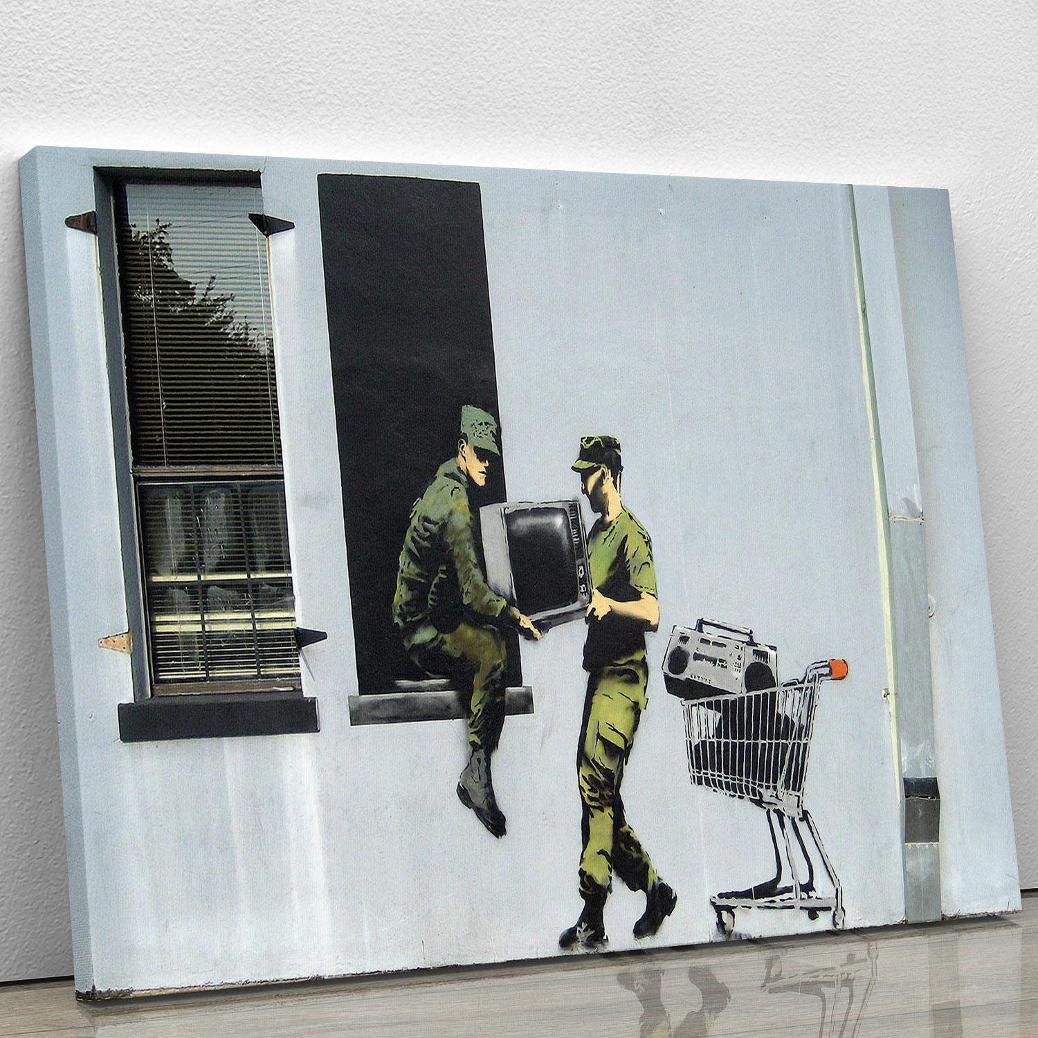 Banksy Looting Soldiers canvas print featuring striking street art with soldiers in a looting scene, perfect for modern decor.