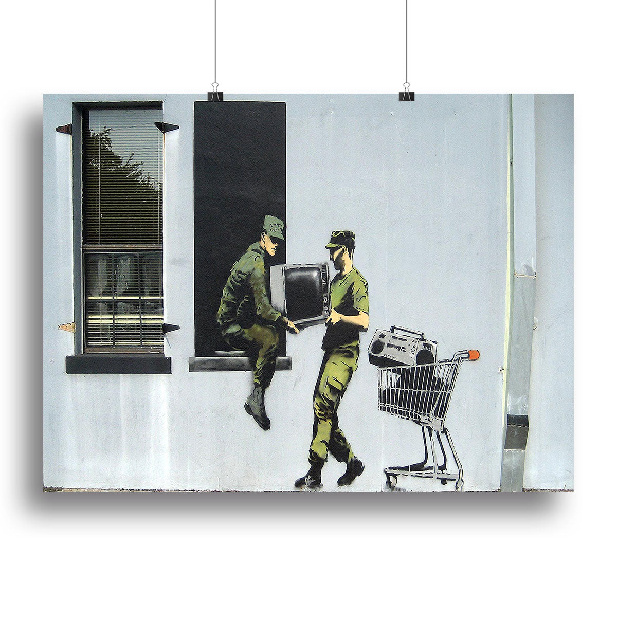 Banksy Looting Soldiers canvas print featuring striking street art with soldiers in a looting scene, perfect for modern decor.