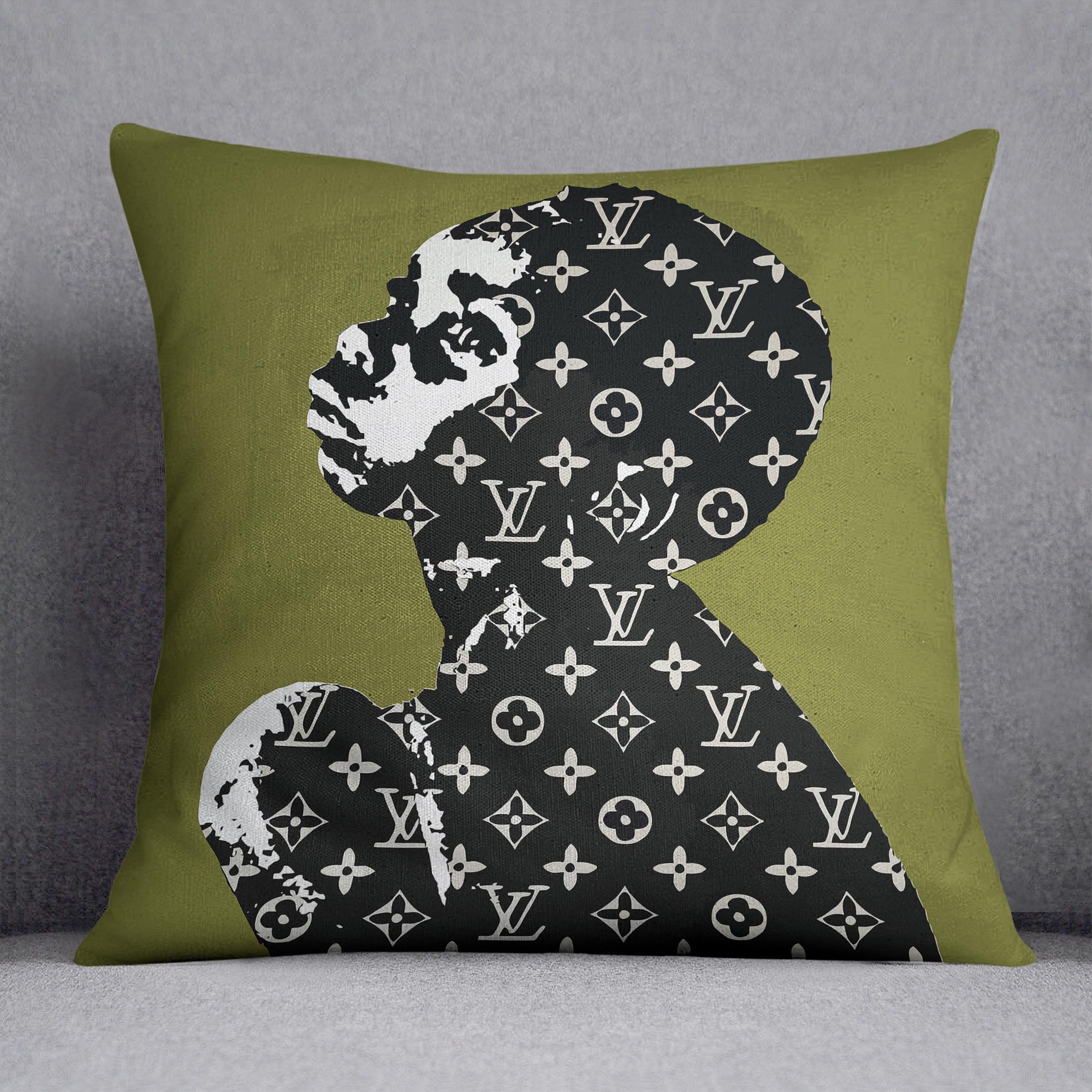 Banksy Louis Vuitton Kid Cushion featuring vibrant abstract designs on luxurious vegan faux suede, perfect for home decor.