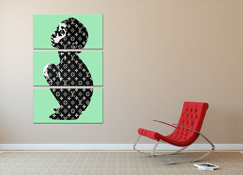 Banksy Louis Vuitton Kid Green 3 Split Panel Canvas Print featuring vibrant colors and modern art design across three panels.