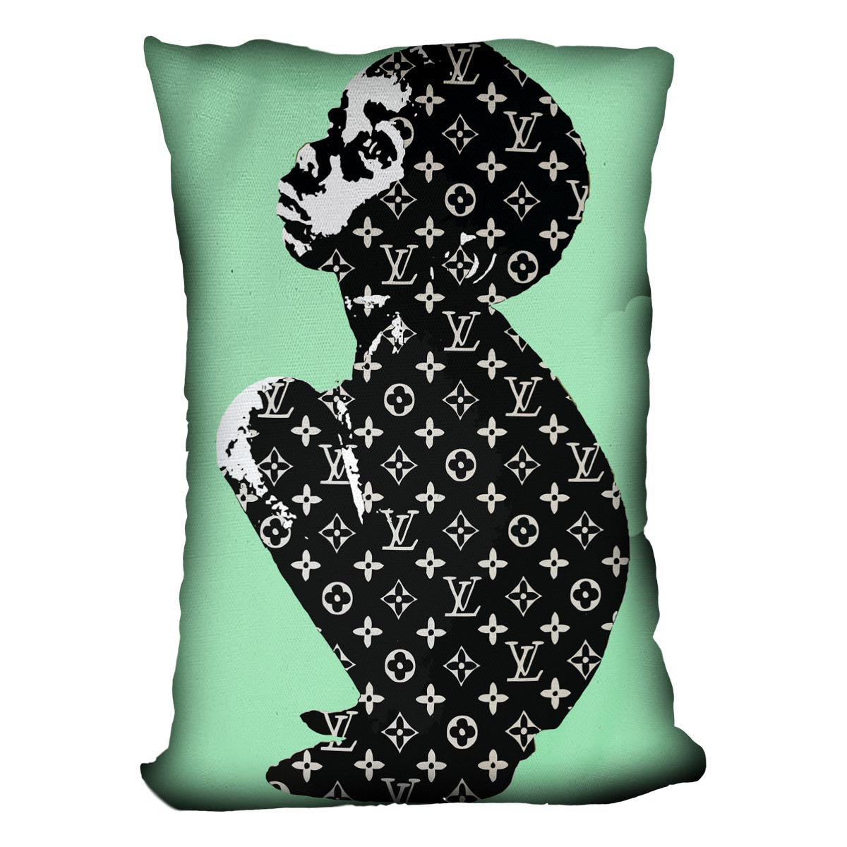 Banksy Louis Vuitton Kid Green Cushion featuring vibrant abstract design on luxurious vegan faux suede fabric.