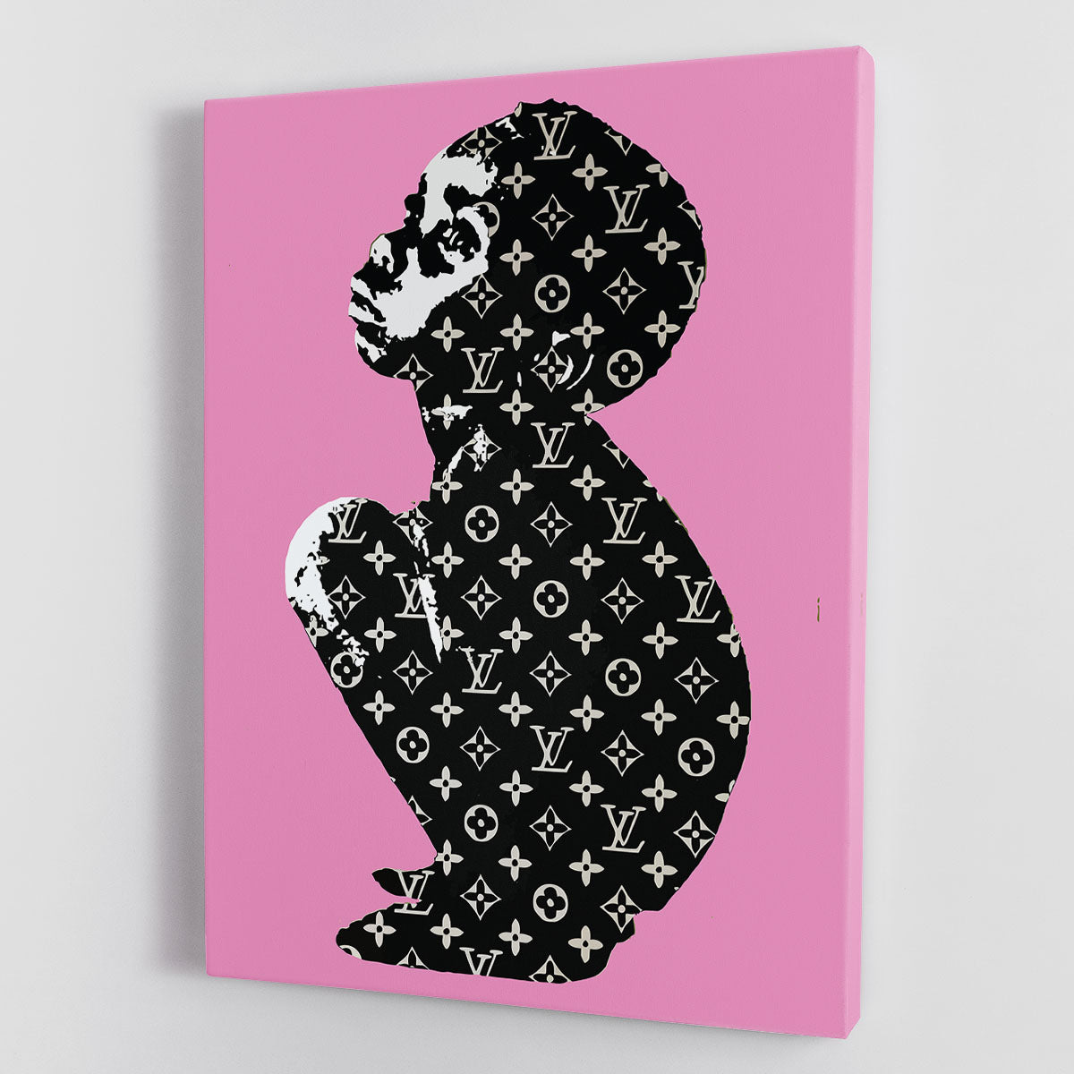 Banksy Louis Vuitton Kid Pink Canvas Print featuring vibrant pink colors and iconic street art style, perfect for modern decor.