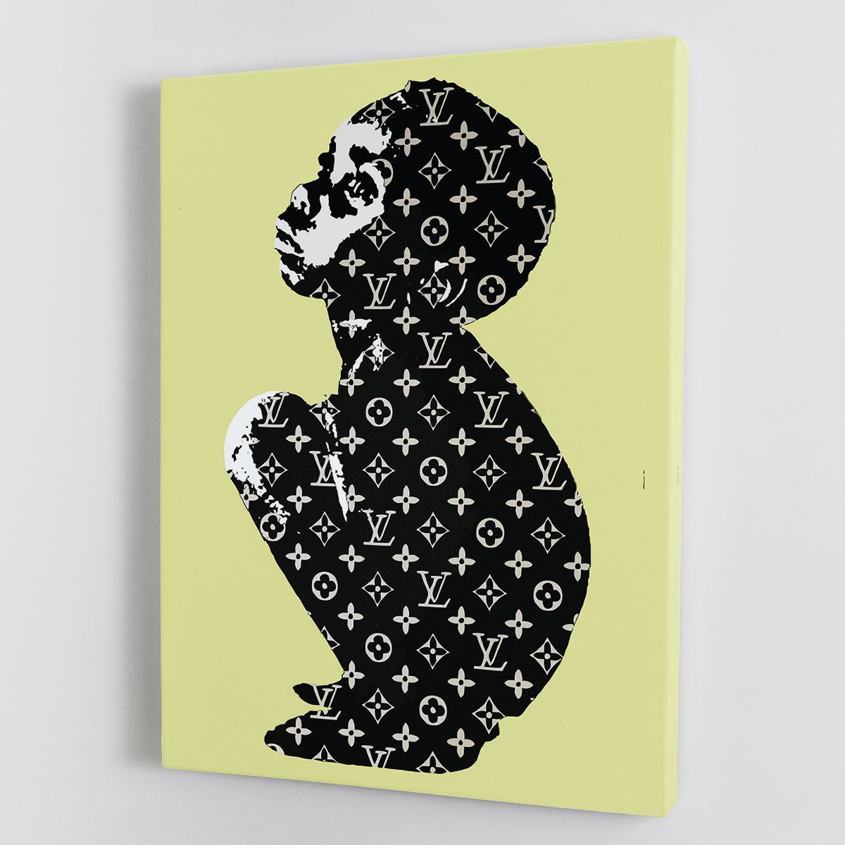 Banksy Louis Vuitton Kid Yellow Canvas Print featuring vibrant yellow background and iconic street art style.
