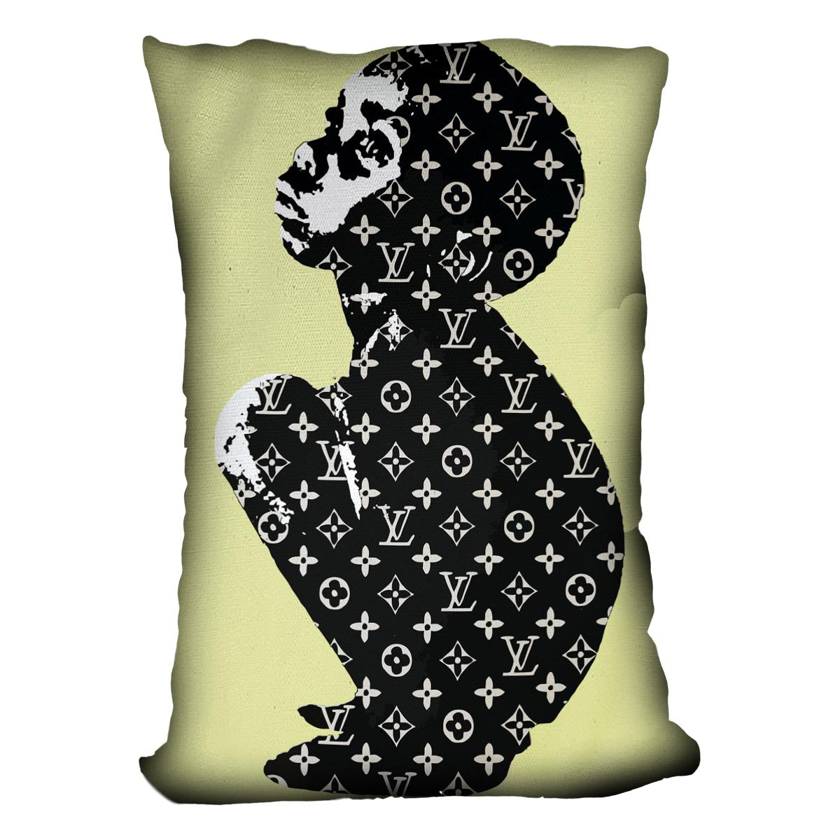 Banksy Louis Vuitton Kid Yellow Cushion featuring vibrant abstract design on luxurious vegan faux suede.