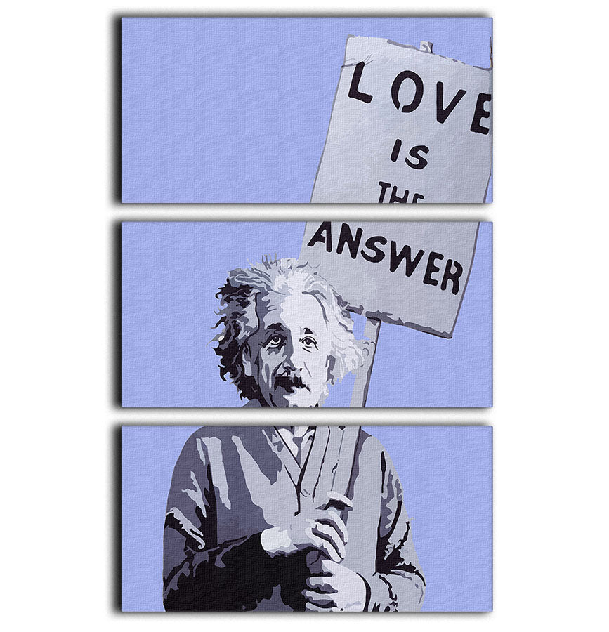 Banksy Love Is The Answer Blue 3 Split Panel Canvas Print featuring three panels with vibrant blue colors and a powerful love message.