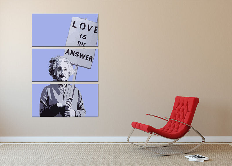 Banksy Love Is The Answer Blue 3 Split Panel Canvas Print featuring three panels with vibrant blue colors and a powerful love message.