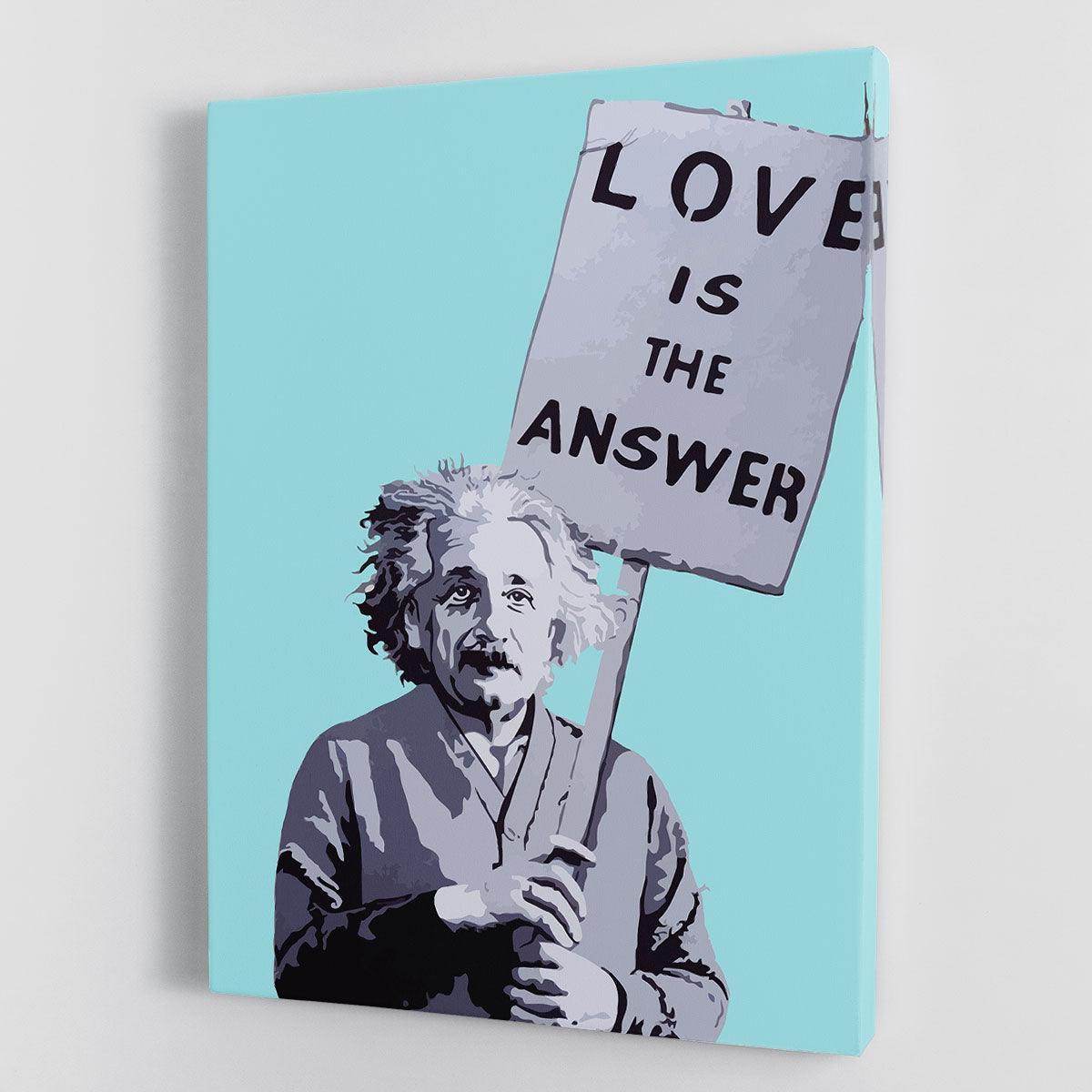 Banksy Love Is The Answer light blue canvas print featuring a bold, inspirational design perfect for modern decor.