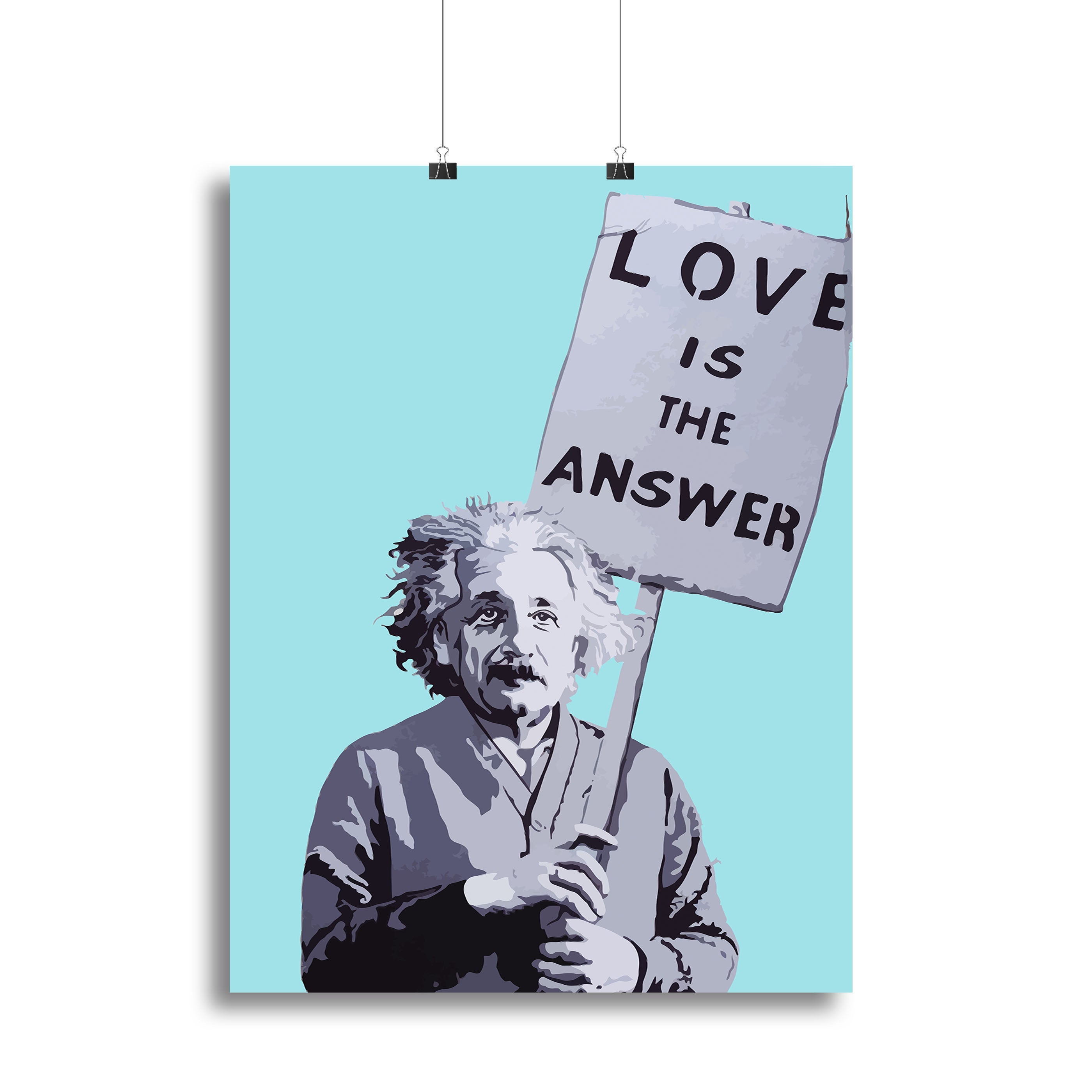 Banksy Love Is The Answer light blue canvas print featuring a bold, inspirational design perfect for modern decor.